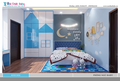Phòng ngủ baby màu xanh dễ thương cho con trai anh Hải